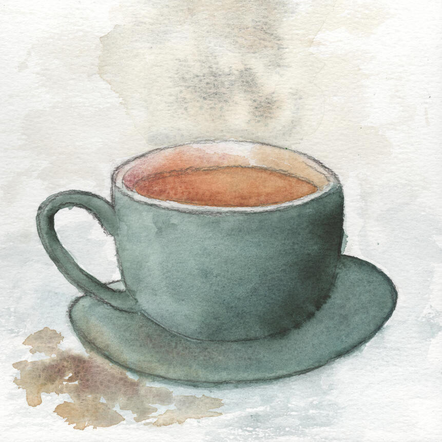 Watercolor painting of a latte drink in a green cup; steam is coming from the top.